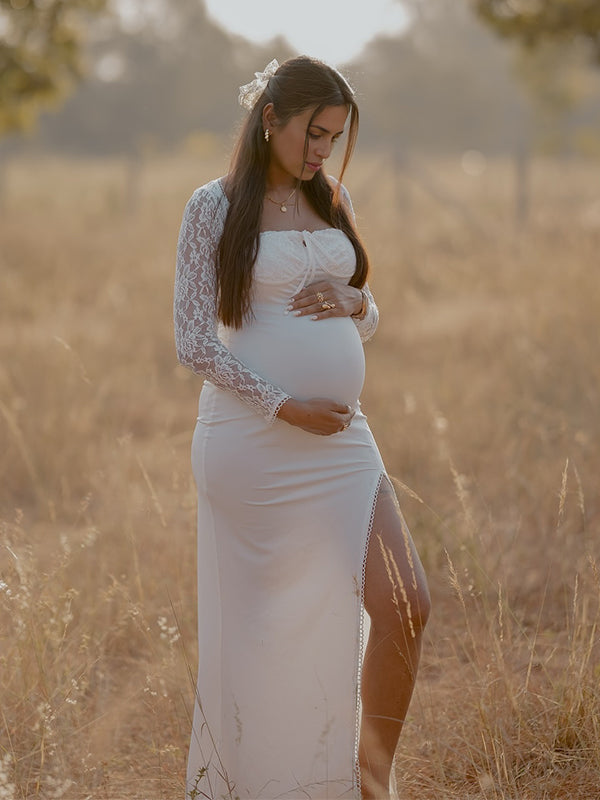 fotobeyou Lace Side Slit Backless Tie Photoshoot Maternity Maxi Dress