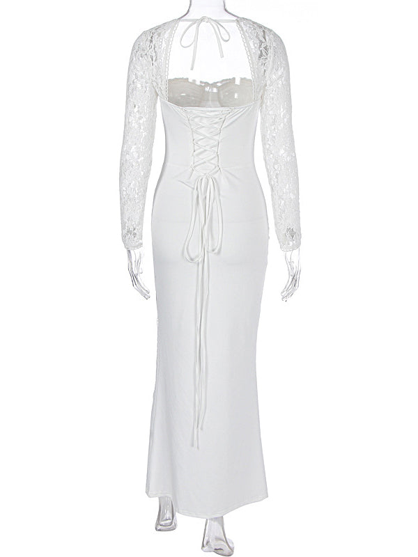 fotobeyou Lace Side Slit Backless Tie Photoshoot Maternity Maxi Dress