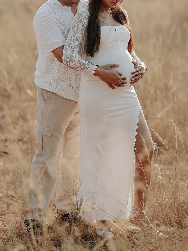 fotobeyou Lace Side Slit Backless Tie Photoshoot Maternity Maxi Dress