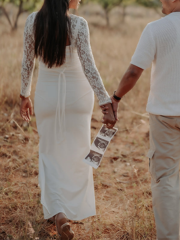 fotobeyou Lace Side Slit Backless Tie Photoshoot Maternity Maxi Dress