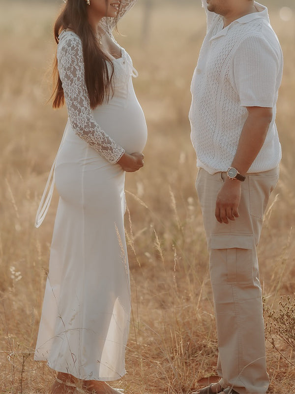fotobeyou Lace Side Slit Backless Tie Photoshoot Maternity Maxi Dress