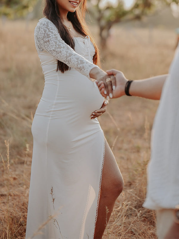 fotobeyou Lace Side Slit Backless Tie Photoshoot Maternity Maxi Dress