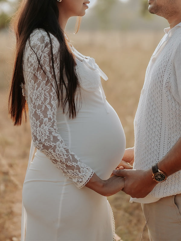 fotobeyou Lace Side Slit Backless Tie Photoshoot Maternity Maxi Dress