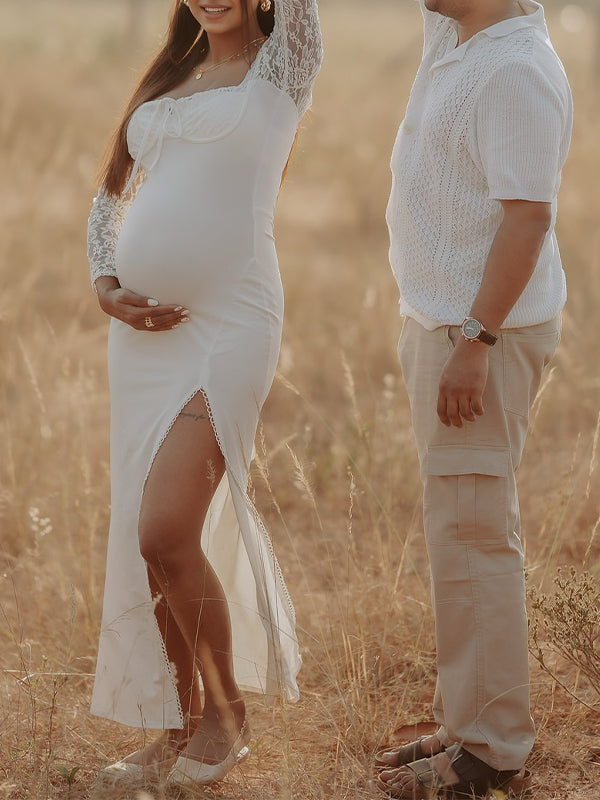 fotobeyou Lace Side Slit Backless Tie Photoshoot Maternity Maxi Dress