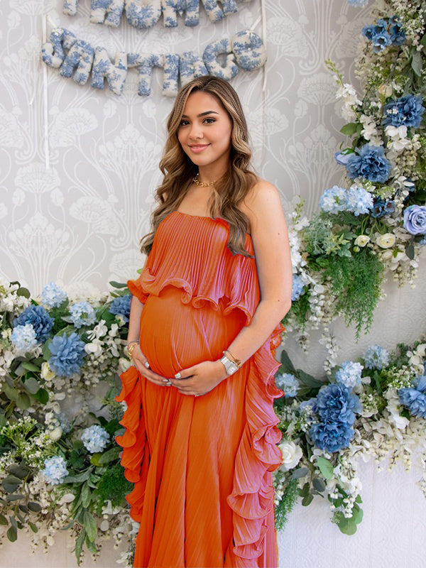 fotobeyou Ruffle Bandeau Pleated Big Swing Flowy Baby Shower Maternity Maxi Dress