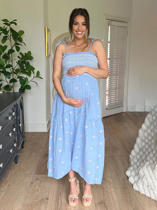 fotobeyou Lace-up Smocked Flowers Flowy Photoshoot Baby Shower Maternity Maxi Dress