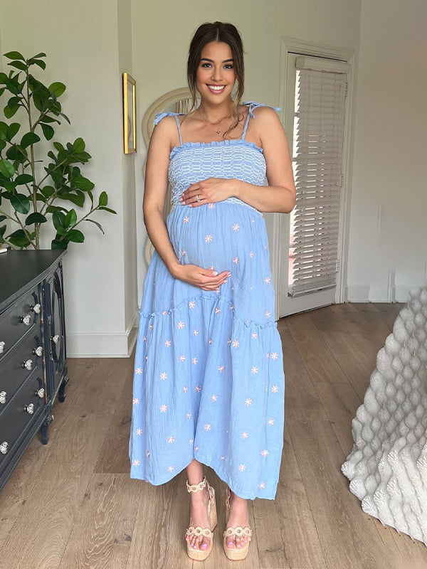 fotobeyou Lace-up Smocked Flowers Flowy Photoshoot Baby Shower Maternity Maxi Dress