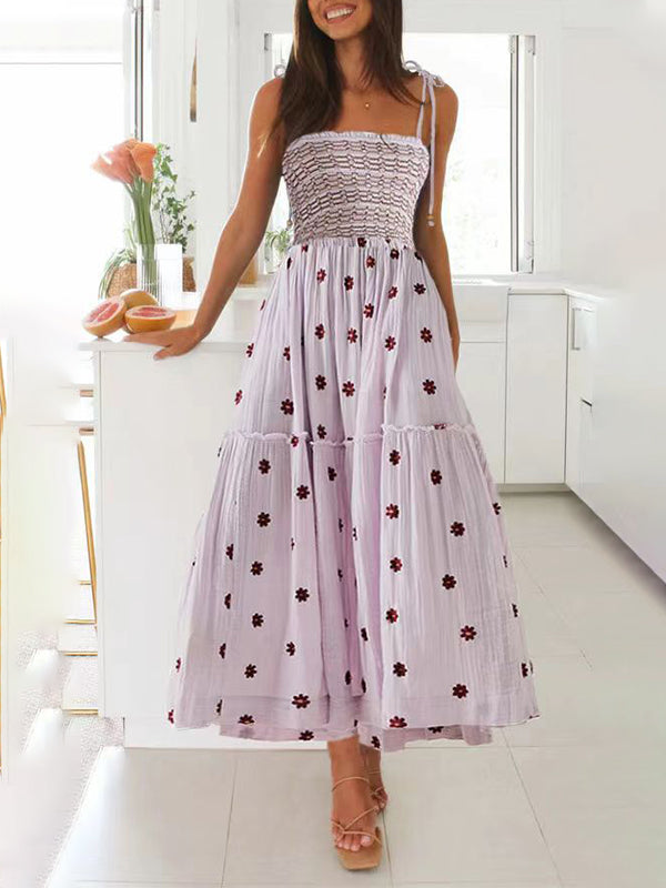 fotobeyou Lace-up Smocked Flowers Flowy Photoshoot Baby Shower Maternity Maxi Dress