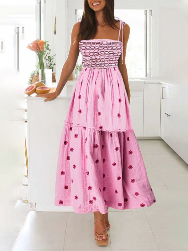 fotobeyou Lace-up Smocked Flowers Flowy Photoshoot Baby Shower Maternity Maxi Dress