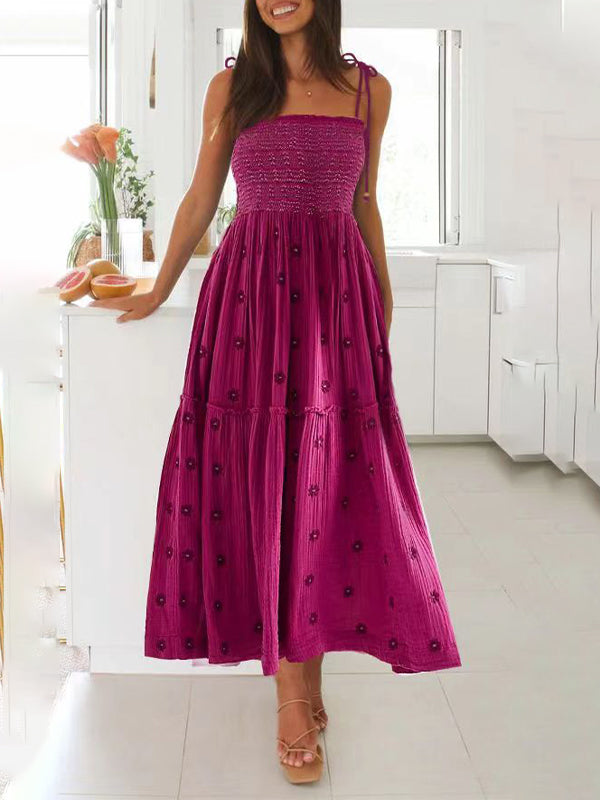 fotobeyou Lace-up Smocked Flowers Flowy Photoshoot Baby Shower Maternity Maxi Dress