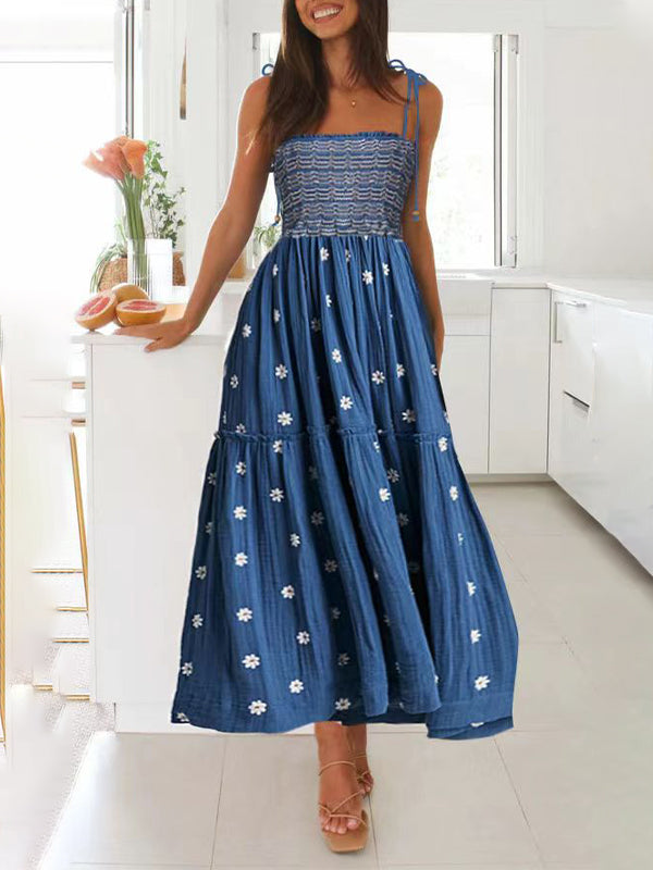 fotobeyou Lace-up Smocked Flowers Flowy Photoshoot Baby Shower Maternity Maxi Dress