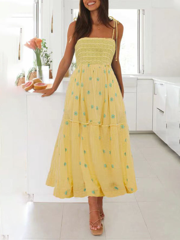 fotobeyou Lace-up Smocked Flowers Flowy Photoshoot Baby Shower Maternity Maxi Dress