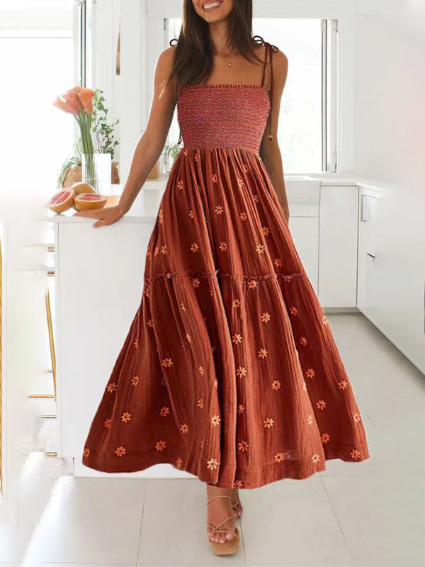 fotobeyou Lace-up Smocked Flowers Flowy Photoshoot Baby Shower Maternity Maxi Dress