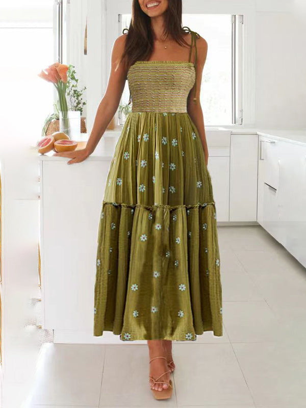 fotobeyou Lace-up Smocked Flowers Flowy Photoshoot Baby Shower Maternity Maxi Dress