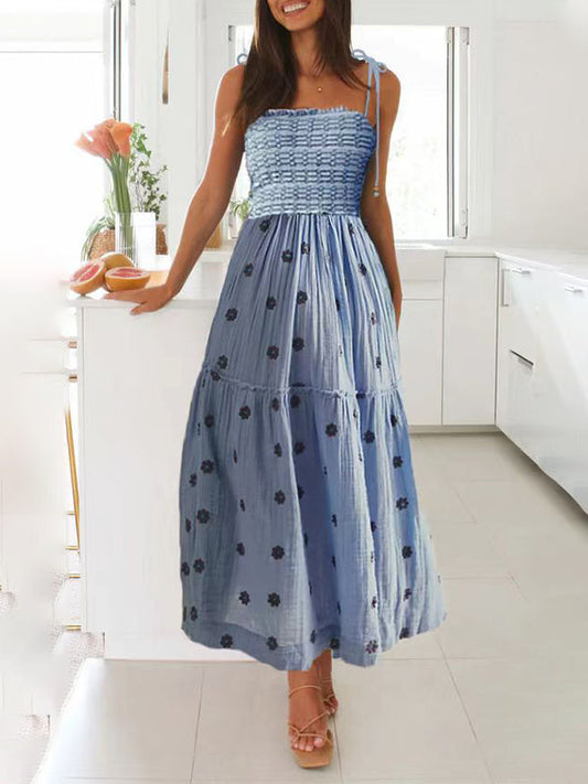 fotobeyou Lace-up Smocked Flowers Flowy Photoshoot Baby Shower Maternity Maxi Dress