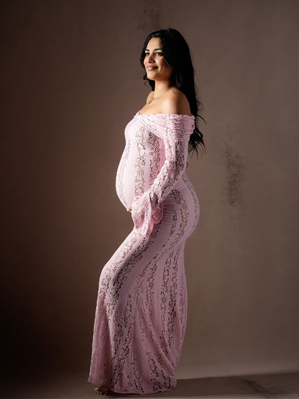 Pink Off Shoulder Lace Mermaid Photoshoot Maternity Maxi Dress
