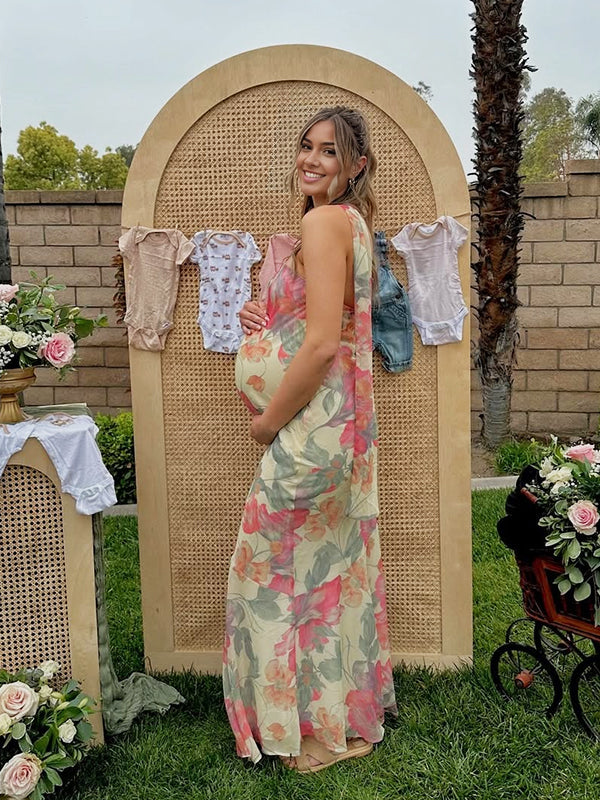 Floral Wrap Ruffle Backless Baby Shower Maternity Maxi Dress
