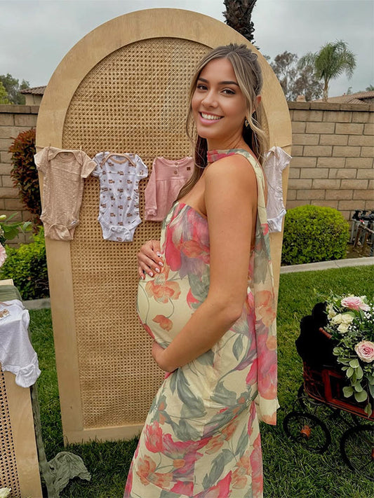 Floral Wrap Ruffle Backless Baby Shower Maternity Maxi Dress