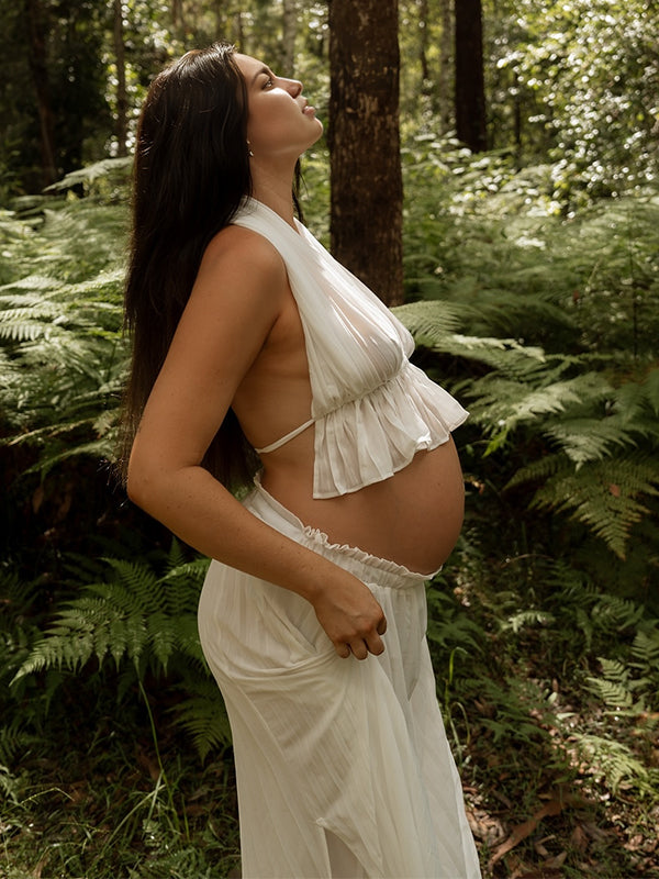 White 2-in-1 Pleated Backless Chiffon Photoshoot Maternity Maxi Dress