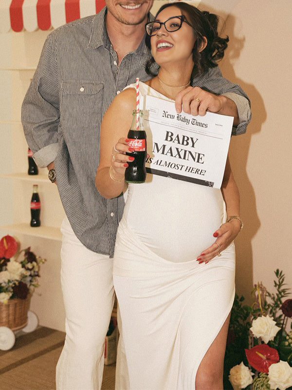 Beige Backless Ruched Side Slit Baby Shower Maternity Maxi Dress