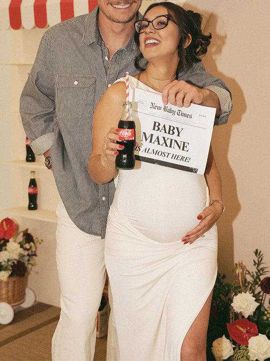 Beige Backless Ruched Side Slit Baby Shower Maternity Maxi Dress