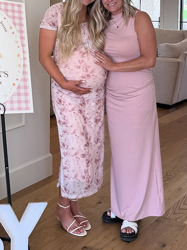 Fotobeyou Pink Floral Tie Baby Girl Shower Maternity Maxi Dress