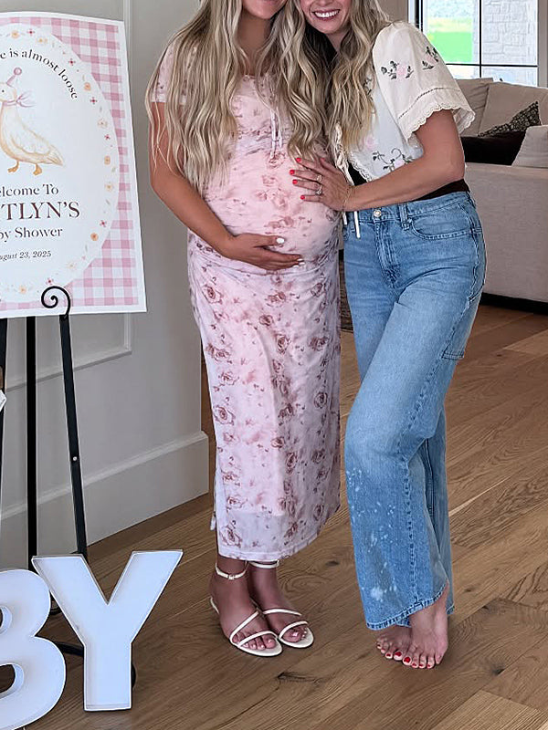 Fotobeyou Pink Floral Tie Baby Girl Shower Maternity Maxi Dress