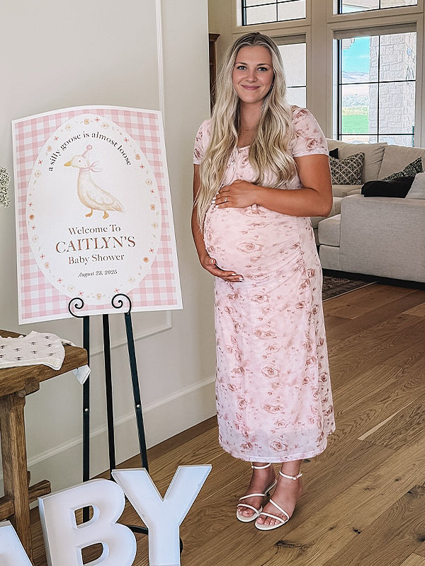 Fotobeyou Pink Floral Tie Baby Girl Shower Maternity Maxi Dress