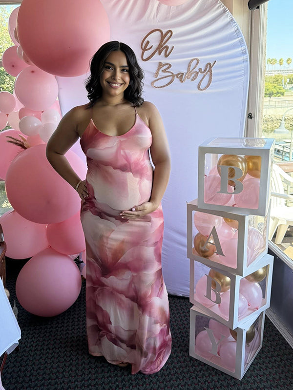 Fotobeyou Pink Flowers Backless Tie Baby Shower Maternity Maxi Dress