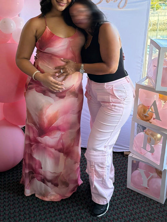 Fotobeyou Pink Flowers Backless Tie Baby Shower Maternity Maxi Dress