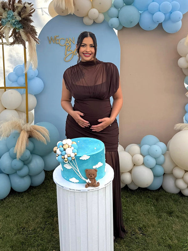 Fotobeyou Brown Ruched Pleated Grenadine Sheer Baby Shower Maternity Maxi Dress