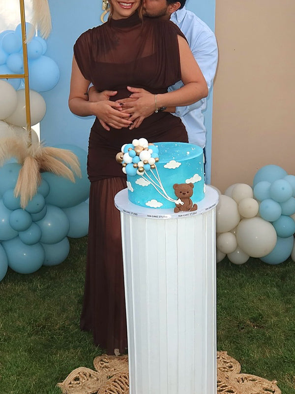 Fotobeyou Brown Ruched Pleated Grenadine Sheer Baby Shower Maternity Maxi Dress