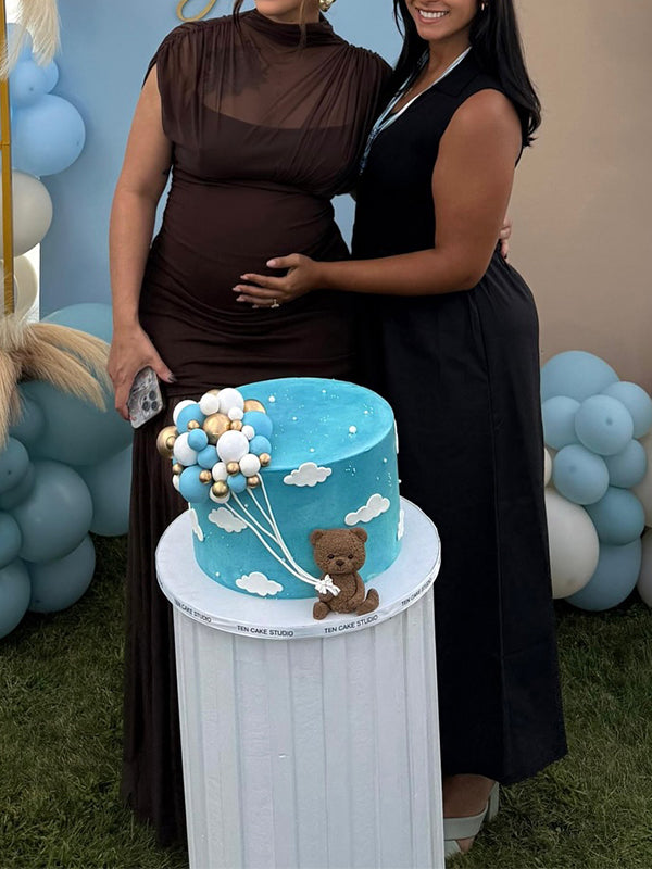 Fotobeyou Brown Ruched Pleated Grenadine Sheer Baby Shower Maternity Maxi Dress