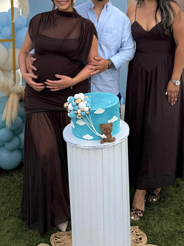 Fotobeyou Brown Ruched Pleated Grenadine Sheer Baby Shower Maternity Maxi Dress