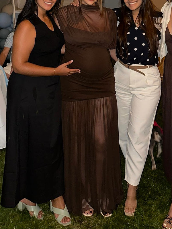 Fotobeyou Brown Ruched Pleated Grenadine Sheer Baby Shower Maternity Maxi Dress
