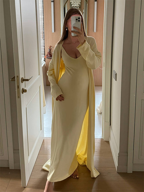 Fotobeyou 2 Pieces Knit Baby Shower Maternity Sweater Maxi Dress