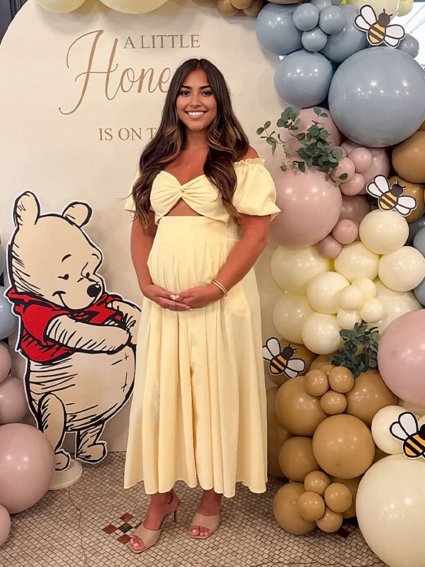 Fotobeyou Yellow Twist Cut Out Smocked Baby Shower Maternity Maxi Dress