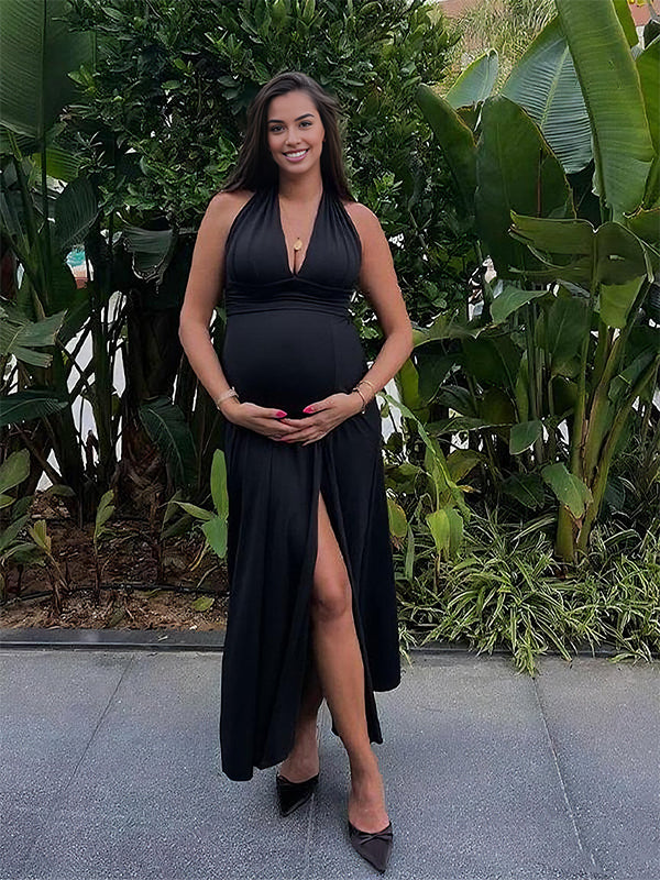 Fotobeyou Side Slit Deep V-neck Backless Maternity Maxi Dress