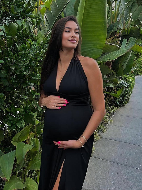 Fotobeyou Side Slit Deep V-neck Backless Maternity Maxi Dress