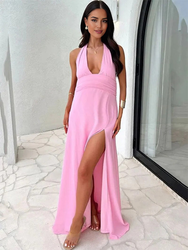 Fotobeyou Side Slit Deep V-neck Backless Maternity Maxi Dress