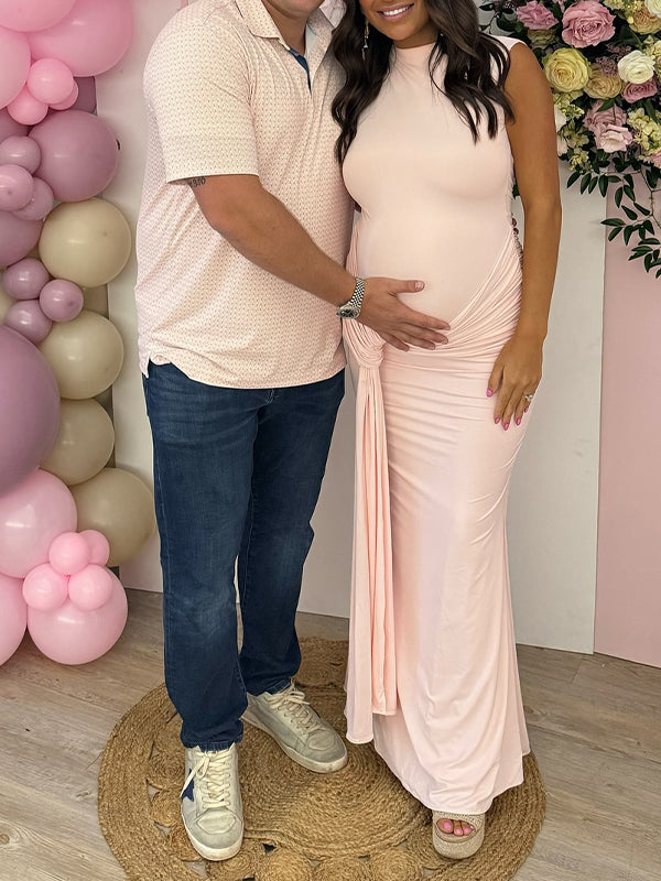 Fotobeyou Pink Ruched Draped Backless Baby Girl Shower Maternity Maxi Dress