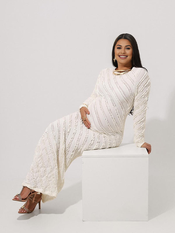Fotobeyou White Ruffle Striped Backless Photoshoot Maternity Maxi Dress