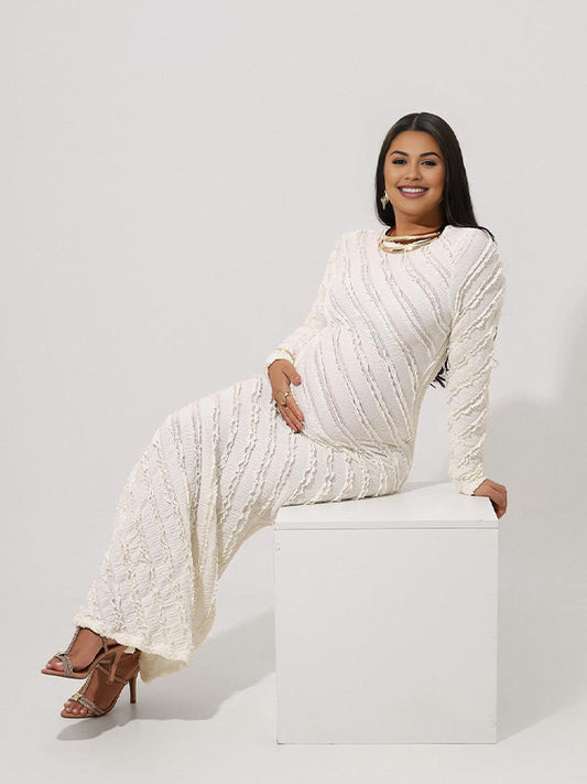 Fotobeyou White Ruffle Striped Backless Photoshoot Maternity Maxi Dress