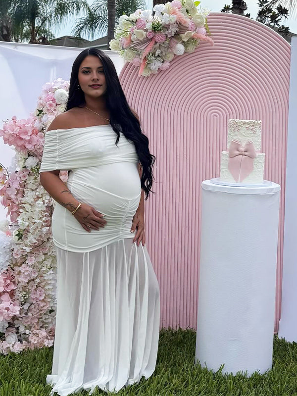 Fotobeyou White Off Shoulder Ruched Grenadine Sheer Baby Shower Maternity Maxi Dress