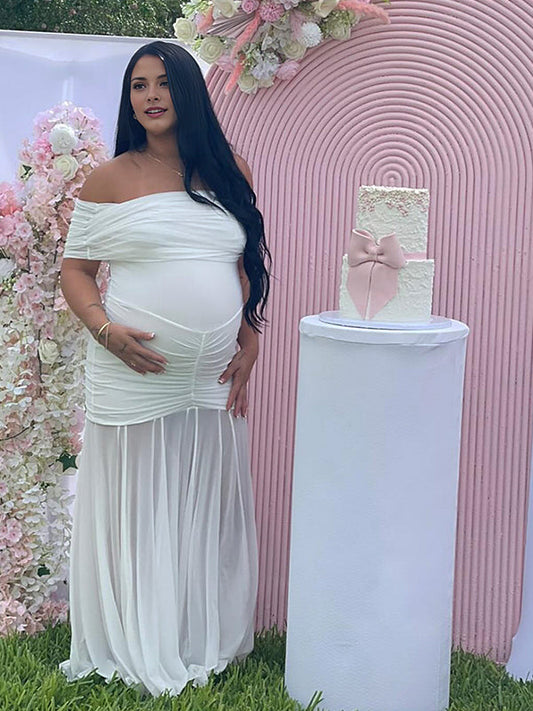 Fotobeyou White Off Shoulder Ruched Grenadine Sheer Baby Shower Maternity Maxi Dress