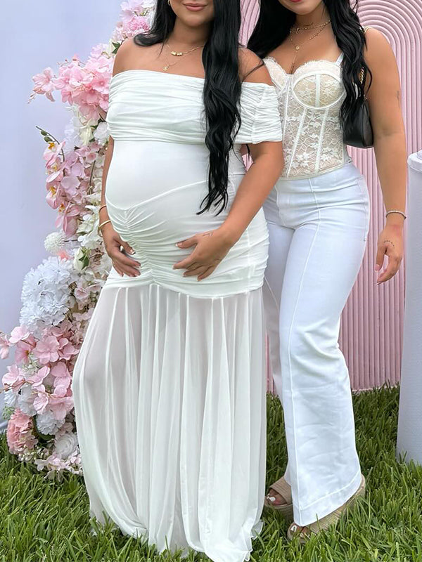 Fotobeyou White Off Shoulder Ruched Grenadine Sheer Baby Shower Maternity Maxi Dress