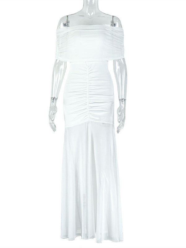 Fotobeyou White Off Shoulder Ruched Grenadine Sheer Baby Shower Maternity Maxi Dress