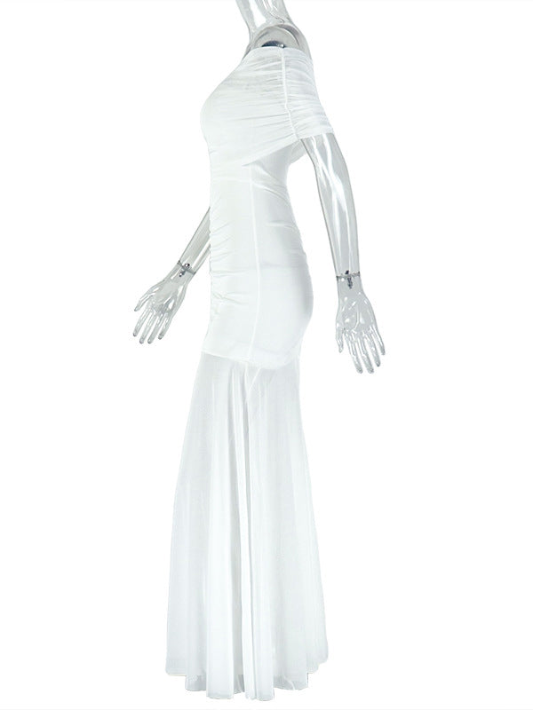 Fotobeyou White Off Shoulder Ruched Grenadine Sheer Baby Shower Maternity Maxi Dress