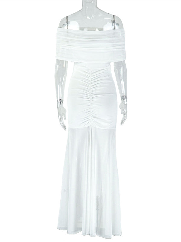 Fotobeyou White Off Shoulder Ruched Grenadine Sheer Baby Shower Maternity Maxi Dress