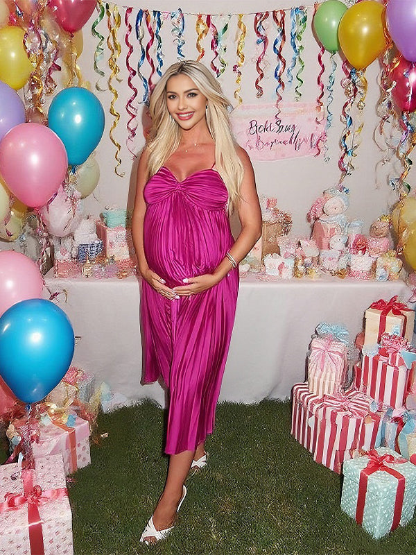 Fotobeyou Rose Carmine Pleated Irregular Baby Shower Maternity Maxi Dress